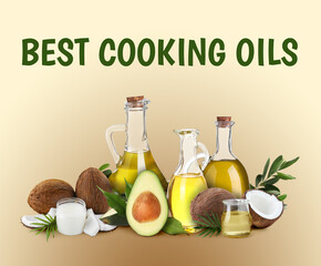 Best for cooking. Different oils and ingredients on beige background