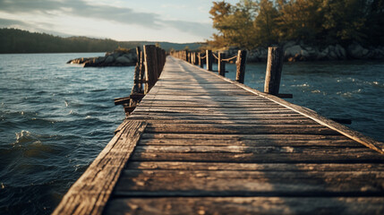 Old vintage wooden bridge on the lake, in spring, tropical, quiet river. Generative AI.