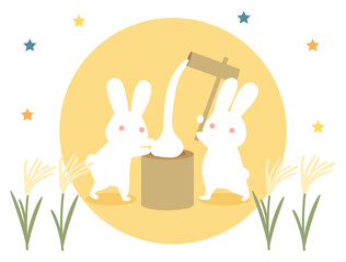 お月見に使えるウサギがお餅つきをしているイラスト