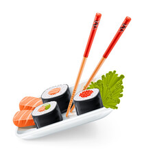 Sushi japanese food with fish and chopsticks on the plate. PNG Illustration