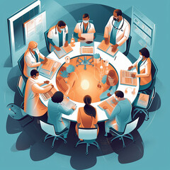 Doctors having a meeting on a big round table. 