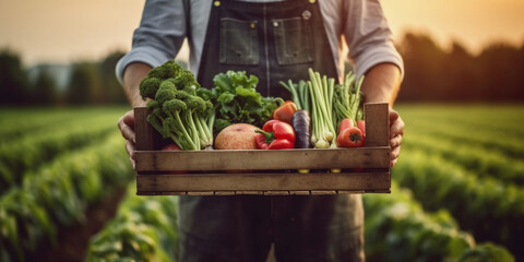 Farmer holding wooden box full of fresh raw vegetables. healthy food photography. close-up. product photo for restaurant. generative ai