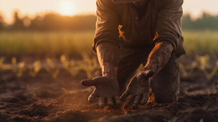 Farmer showing here dirty hands in field. healthy food photography. close-up. product photo for restaurant. generative ai