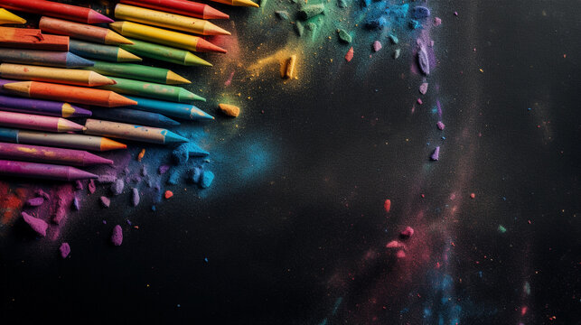 Colorful crayons laying on the blackboard. Back to school concept. generative ai