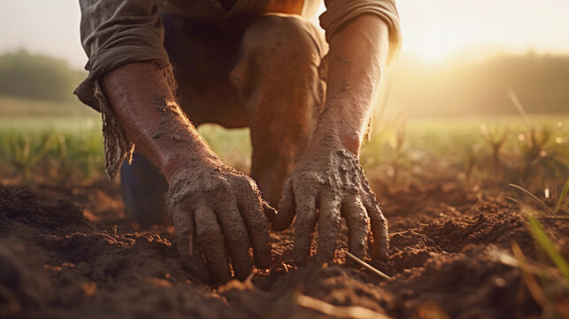 Farmer showing here dirty hands in field. healthy food photography. close-up. product photo for restaurant. generative ai