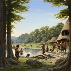 Neanderthal extended family next to thatched huts and lake and forest - obrazy, fototapety, plakaty