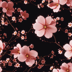 Fototapeta na wymiar Seamless pattern with pink cherry blossom flowers illustration on isolated black background. Generative AI