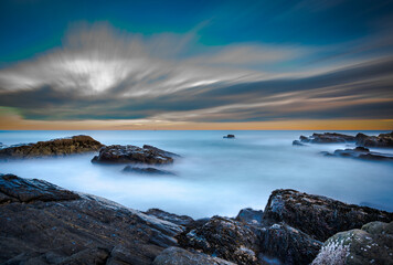 Sunset at Portland Head Light in Maine, long exposure shot