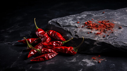 fresh cut Szechuan pepper on dark rough stone table. healthy food photography. close-up. product photo for restaurant. generative ai