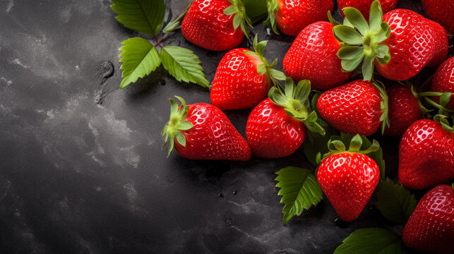 fresh cut Strawberries on dark rough stone table. healthy food photography. close-up. product photo for restaurant. generative ai
