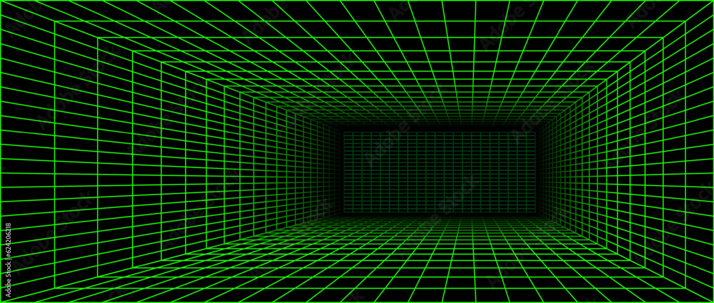 Poster neon green wireframe grid room. 3d perspective angle background. futuristic digital outline space. g