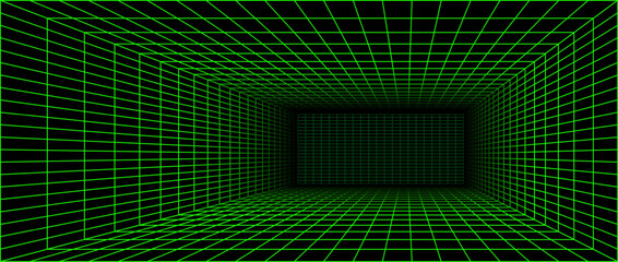 Neon green wireframe grid room. 3d perspective angle background. Futuristic digital outline space. Geometric dimension design. Vector template illustration