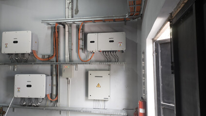 Solar panel control system, photovoltaic control, alternative electricity source concept of solar energy future.Instalation inverter solar panel in indusutry.