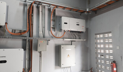 Solar panel control system, photovoltaic control, alternative electricity source concept of solar energy future.Instalation inverter solar panel in indusutry. © Suranto