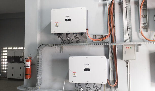 Solar panel control system, photovoltaic control, alternative electricity source concept of solar energy future.Instalation inverter solar panel in indusutry.