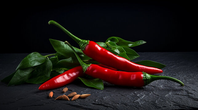 fresh raw chilis on dark rough stone table. healthy food photography. close-up. product photo for restaurant. generative ai