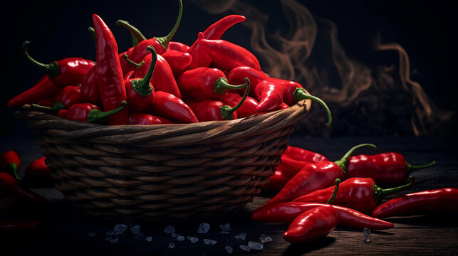 fresh raw hot basket chilis on dark rough stone table. healthy food photography. close-up. product photo for restaurant.