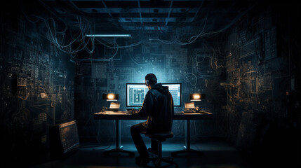 Hacker typing computer. Concept of cybercrime. Cyberattack. Dark web. ai generated