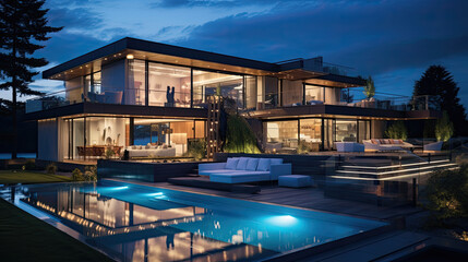Obraz premium modern expensive luxury villa with a pool in front at dusk night. Generative AI