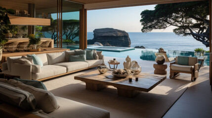 Obraz premium modern luxury living room with a couch in front of a large window overlooking the sea. Generative AI
