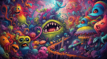 Fototapeta na wymiar Colorful surrealistic scene of a rainbow colored world with monsters. 