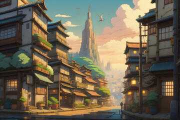 View of japan city culture with landscape cartoon illustration, Generative AI