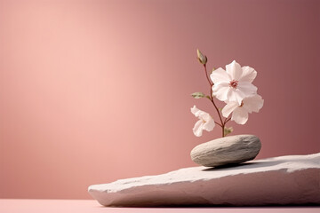 Obraz na płótnie Canvas Stone product display podium with nature flower on pink background