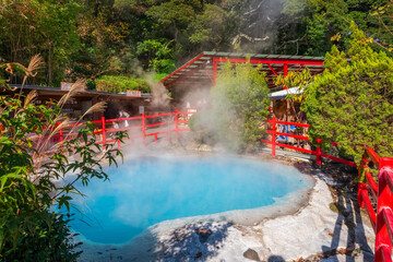 Beppu, Japan - Nov 25 2022: Kamado Jigoku hot spring in Beppu, Oita. The town is famous for its...