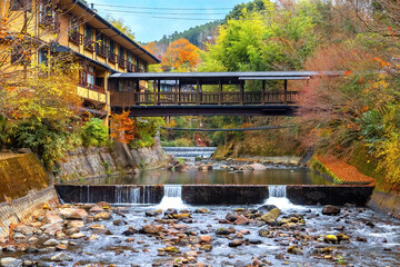 Fototapeta na wymiar Kumamoto, Japan - Nov 22 2022: Kurokawa Onsen is one of Japan's most attractive hot spring towns. The town's lanes are lined by ryokan, public bath houses, attractive shops and cafes