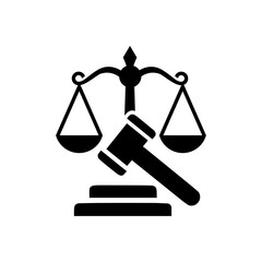 Law icon. Law firm logo design. Justice balance scale. Attorney, legal, judicial council, Law court logo and icon design vector, black and white.