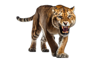 Obraz premium png of a realistic extinct sable tooth tiger crawling, no background, isolated. Generative AI