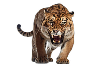 Fototapeta na wymiar png of a realistic extinct sable tooth tiger crawling, no background, isolated. Generative AI