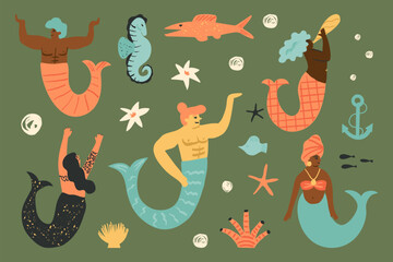 Diversity Mermaids and Merman set, underwater animals, fish. African Mermaids, Oriental sirens, Aisan mythical creatures