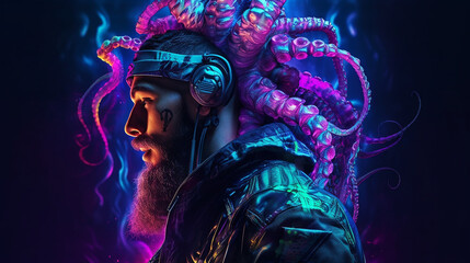 Futuristic imagery of a man with an octopus style headgear in neon colors. 