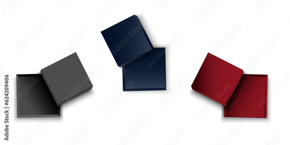 Poster black, red top view box. empty cube packages. dark package square boxes with open cap. vector illust
