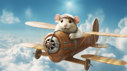 Hamster flying in vintage airplane in the sky. 
