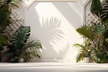 Abstract white studio background for product presentation. Empty room with shadows from windows and flowers and palm leaves. 3D room with copy space. Ai generative