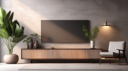 a TV on a brown wall in a minimally furnished living room. Generative AI