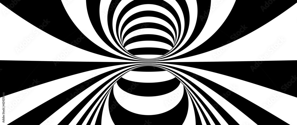 Poster abstract hypnotic distorted lines background. black and white optical illusion tunnel wallpaper. psy