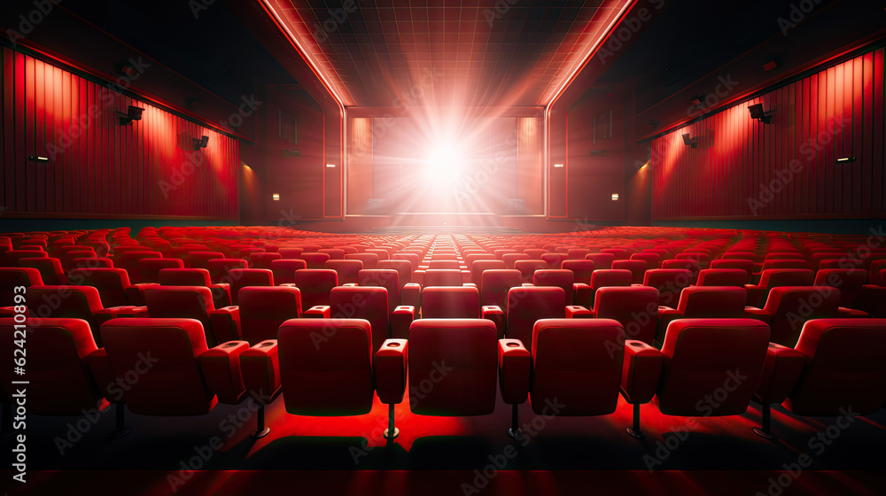 Poster an empty movie theater with a red screen and red seats. no people generative ai
