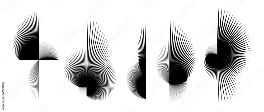 Poster Abstract black curved spiky elements set. Radial spiral spokes objects collection. Thin thorn semicircle shapes and angular sunburst bundle for posters, collages, decoration. Vector futuristic pack
