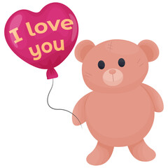 Illustration of a teddy bear with a balloon, the inscription I love you, clipart for Valentine's day