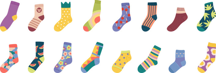 Cartoon socks. Isolated sock design, clothing colorful winter for kids and adults. Cotton accessories, stylish male female decent vector apparel