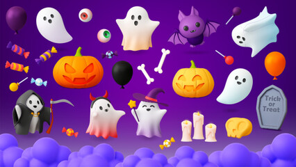 Halloween 3d elements. Horror mystery cartoon ghosts, pumpkin and bat. Monster characters, witch hat and candy render. Party pithy vector plasticine elements