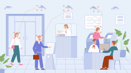 Clients face recognition in bank office. Customer service, counters and cashiers. Finance, business and credit department, snugly banking vector scene