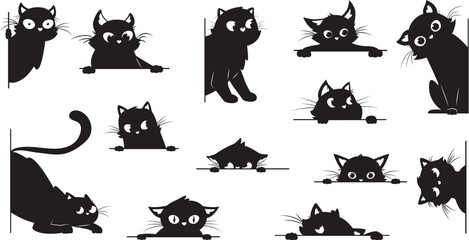 Black cat looking. Peeking cats silhouettes with big eyes. Playful muzzle, creative kitty peeping from corner. Spy pets snugly vector elements - obrazy, fototapety, plakaty
