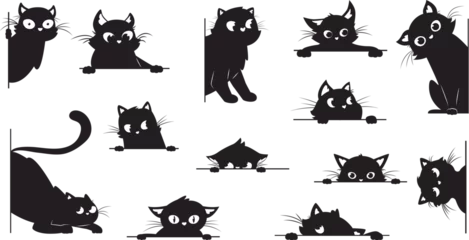 Fotobehang Black cat looking. Peeking cats silhouettes with big eyes. Playful muzzle, creative kitty peeping from corner. Spy pets snugly vector elements © MicroOne