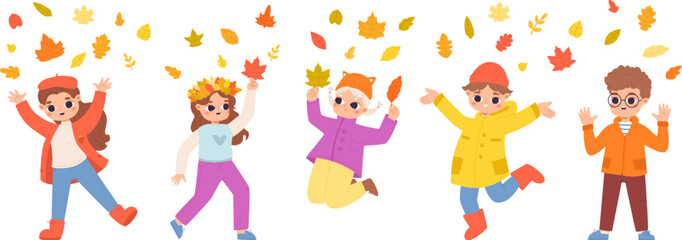 Obraz na płótnie Canvas Kids jumping under falling autumn leaves. November season, play and gathering fall leaf. Seasonal happy cartoon children snugly vector characters