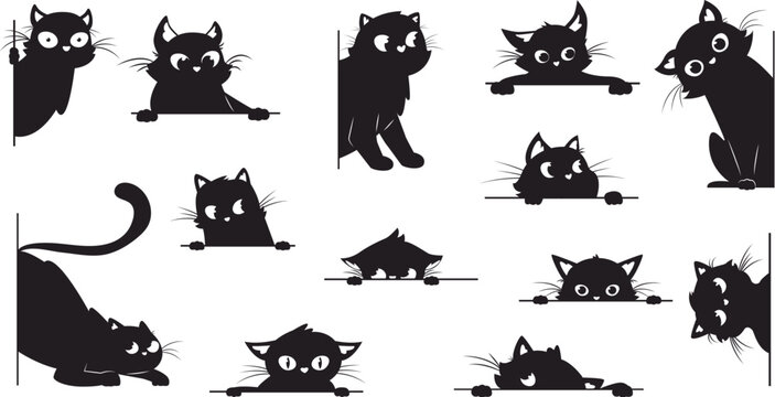 Black cat looking. Peeking cats silhouettes with big eyes. Playful muzzle, creative kitty peeping from corner. Spy pets snugly vector elements