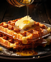 Belgian Waffles with Butter and Honey , Close Up. AI generated Illustration.
